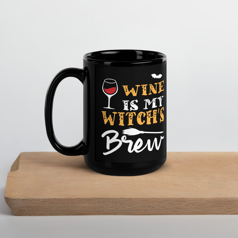 Taza negra brillante "El vino es el brebaje de mi bruja"