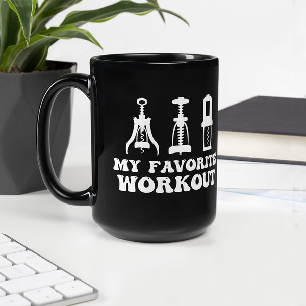 “My Favorite Workout” Black Glossy Mug