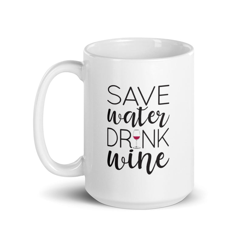 Taza blanca brillante "Ahorra agua, bebe vino"